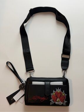 Ed Hardy Black Crossbody Wallet Bag Red Heart Graphic Wallet NWT